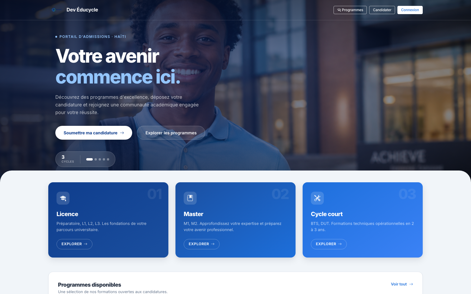 Aperçu du portail d'admissions EduCycle